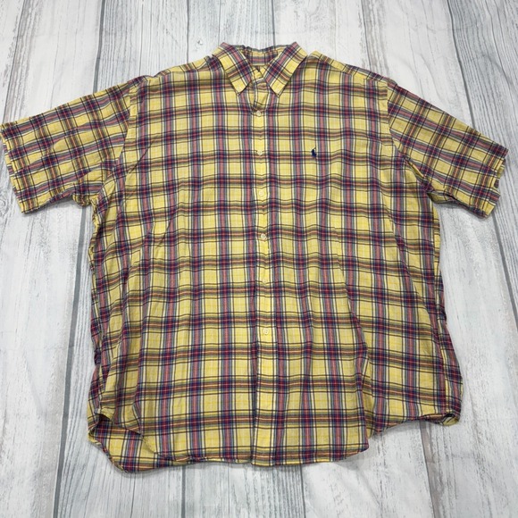 POLO Ralph Lauren BLAKE Short Sleeve Button Shirt XL Plaid‎ Yellow Pony Mens - Picture 1 of 7